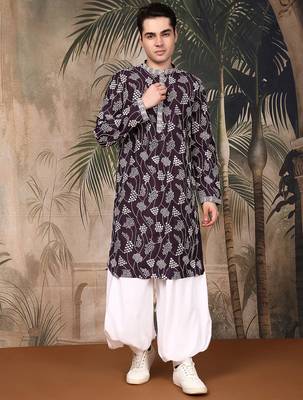 Purple silk embroidred kurta pajama for mens 1