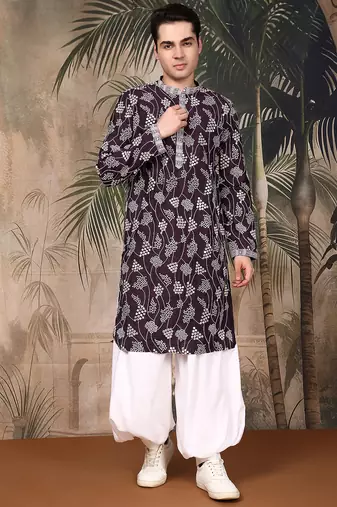 Purple silk embroidred kurta pajama for mens
