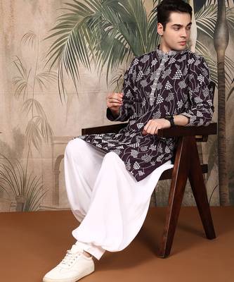Purple silk embroidred kurta pajama for mens 2