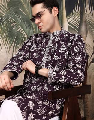 Purple silk embroidred kurta pajama for mens 3