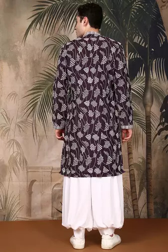 Purple silk embroidred kurta pajama for mens