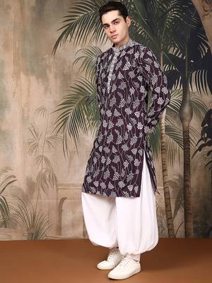 Purple silk embroidred kurta pajama for mens 5