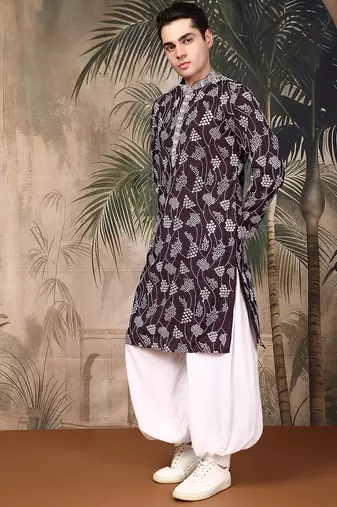 Purple silk embroidred kurta pajama for mens
