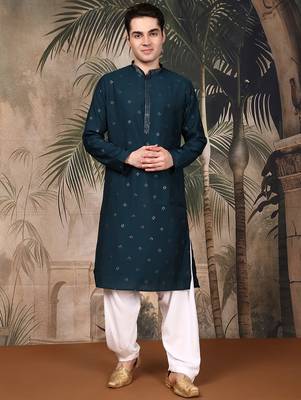 Blue silk blend thread work kurta pajama for mens 1