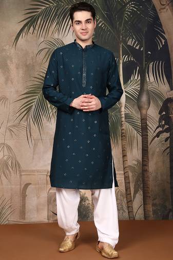 Blue silk blend thread work kurta pajama for mens
