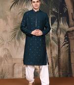 Blue silk blend thread work kurta pajama for mens