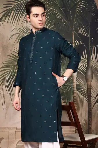 Blue silk blend thread work kurta pajama for mens