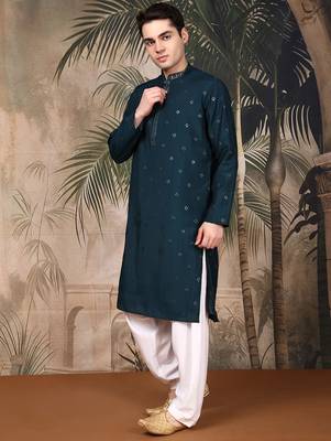Blue silk blend thread work kurta pajama for mens 3