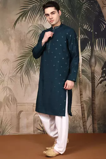 Blue silk blend thread work kurta pajama for mens