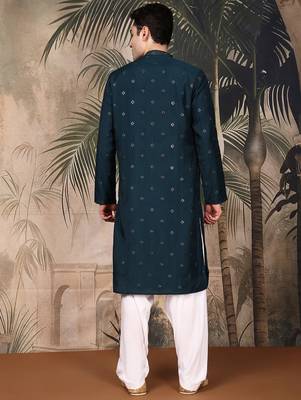 Blue silk blend thread work kurta pajama for mens 4