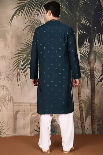 Blue silk blend thread work kurta pajama for mens
