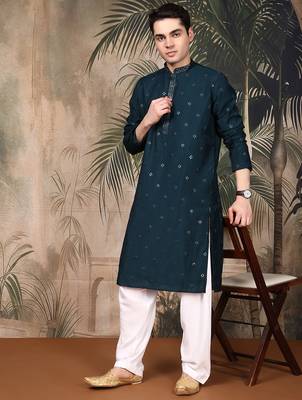 Blue silk blend thread work kurta pajama for mens 5