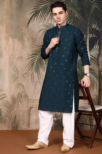 Blue silk blend thread work kurta pajama for mens