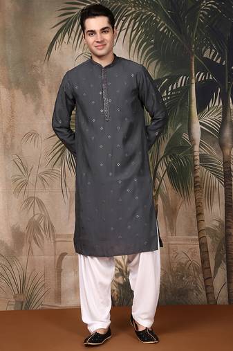 Grey silk blend thread work kurta pajama for mens