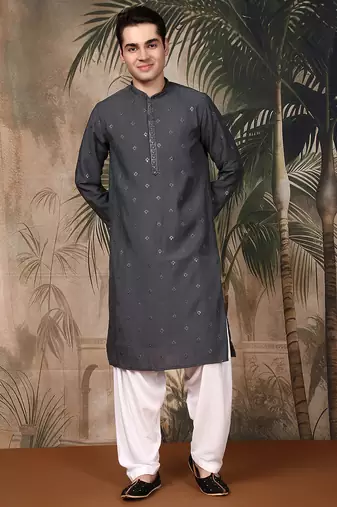 Grey silk blend thread work kurta pajama for mens