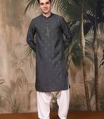 Grey silk blend thread work kurta pajama for mens