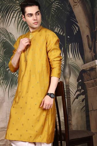 Mustard silk blend thread work kurta pajama for mens
