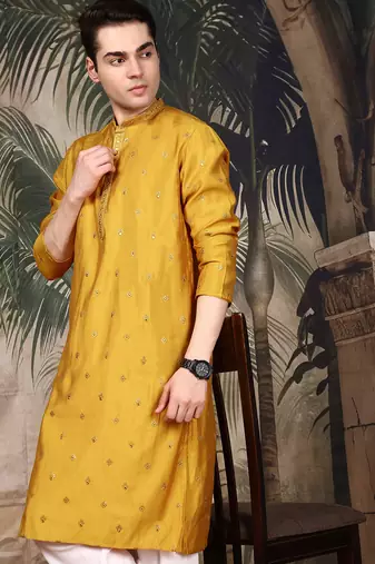 Mustard silk blend thread work kurta pajama for mens