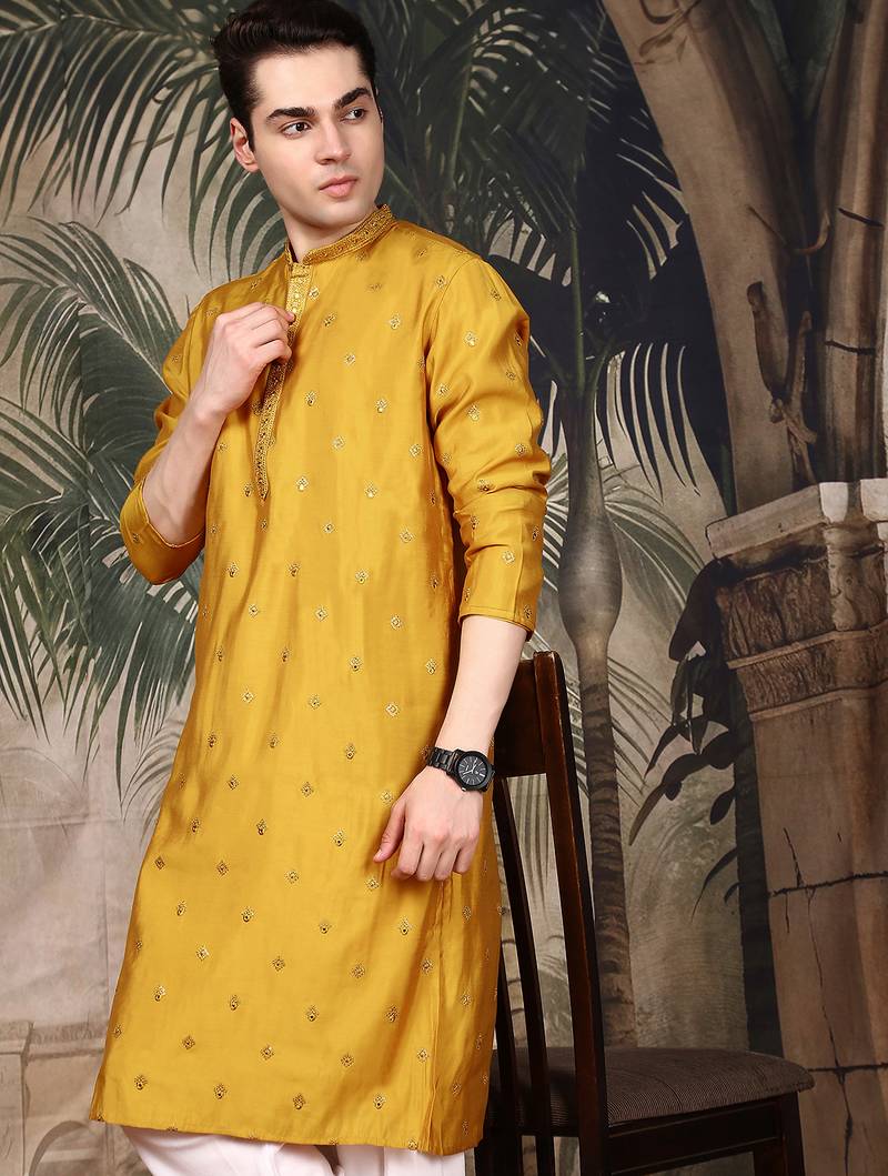 Mustard silk blend thread work kurta pajama for mens