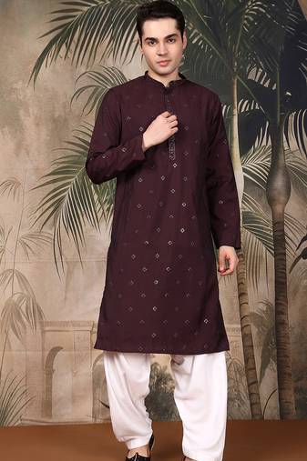 Maroon silk blend thread work kurta pajama for mens