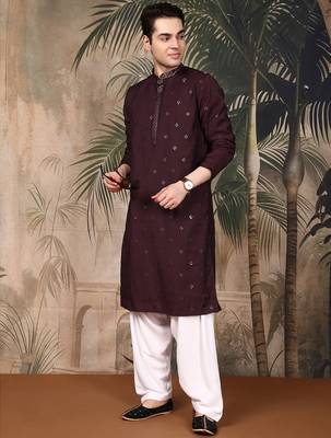 Maroon silk blend thread work kurta pajama for mens 3