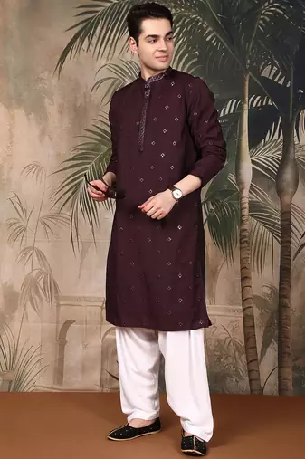 Maroon silk blend thread work kurta pajama for mens