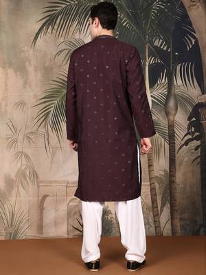 Maroon silk blend thread work kurta pajama for mens 4