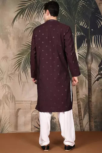 Maroon silk blend thread work kurta pajama for mens