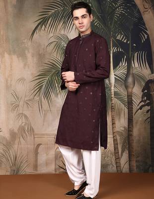 Maroon silk blend thread work kurta pajama for mens 5