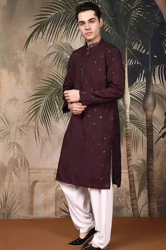 Maroon silk blend thread work kurta pajama for mens