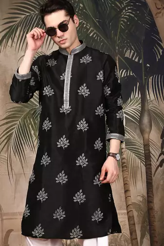 Black silk blend solid kurta pajama for mens