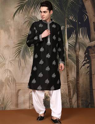 Black silk blend solid kurta pajama for mens 1