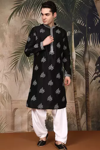 Black silk blend solid kurta pajama for mens