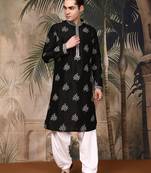 Black silk blend solid kurta pajama for mens