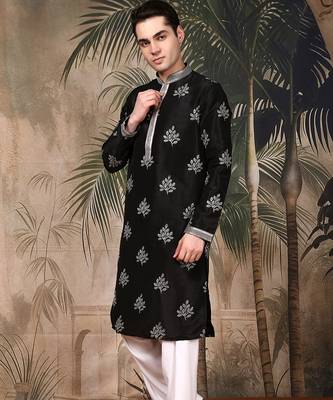 Black silk blend solid kurta pajama for mens 3