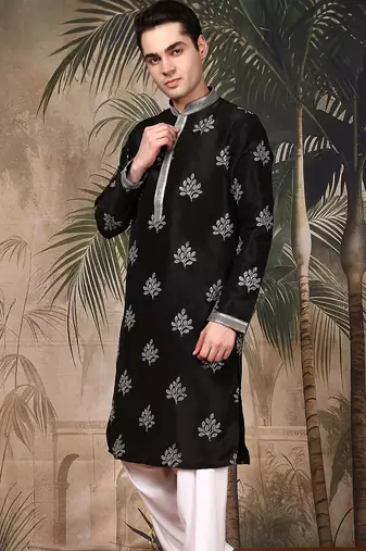 Black silk blend solid kurta pajama for mens