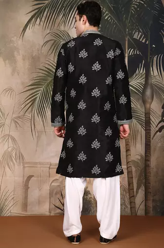 Black silk blend solid kurta pajama for mens