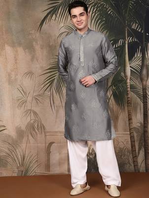 Grey silk blend solid kurta pajama for mens 1