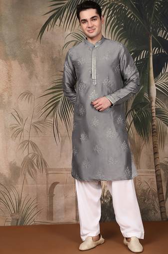 Grey silk blend solid kurta pajama for mens