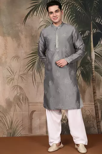 Grey silk blend solid kurta pajama for mens