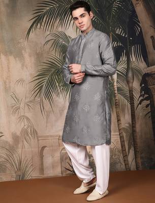 Grey silk blend solid kurta pajama for mens 3