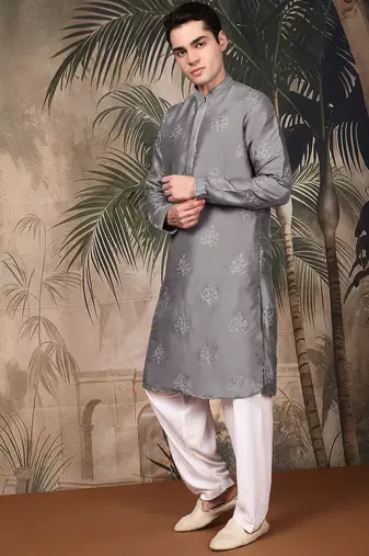Grey silk blend solid kurta pajama for mens