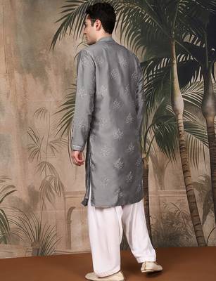 Grey silk blend solid kurta pajama for mens 4