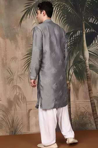 Grey silk blend solid kurta pajama for mens