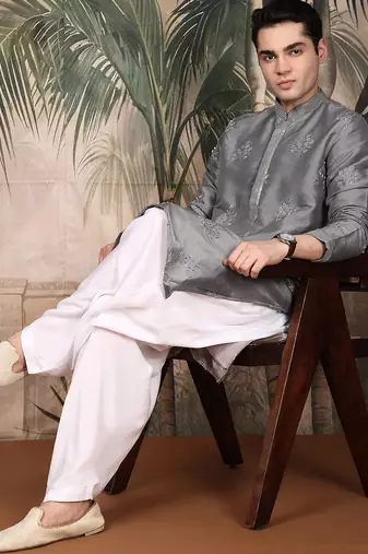 Grey silk blend solid kurta pajama for mens