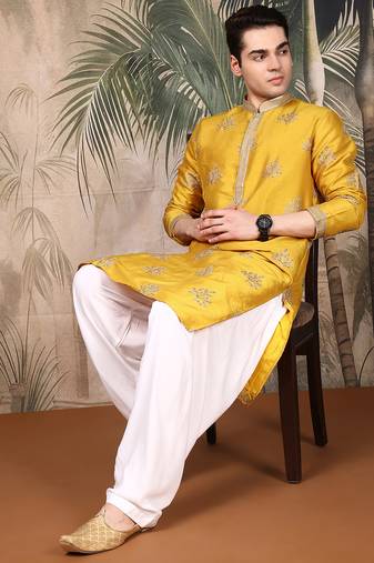 Mustard silk blend solid kurta pajama for mens