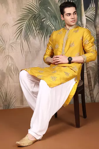 Mustard silk blend solid kurta pajama for mens
