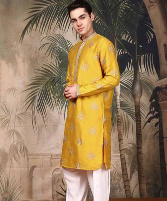 Mustard silk blend solid kurta pajama for mens 3