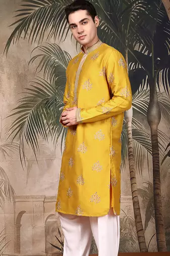 Mustard silk blend solid kurta pajama for mens