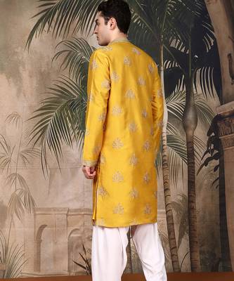 Mustard silk blend solid kurta pajama for mens 4